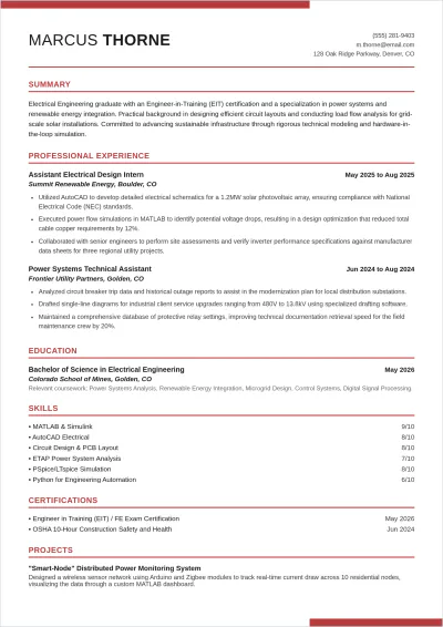 Free Electrical Engineer Fresher ATS Resume Template