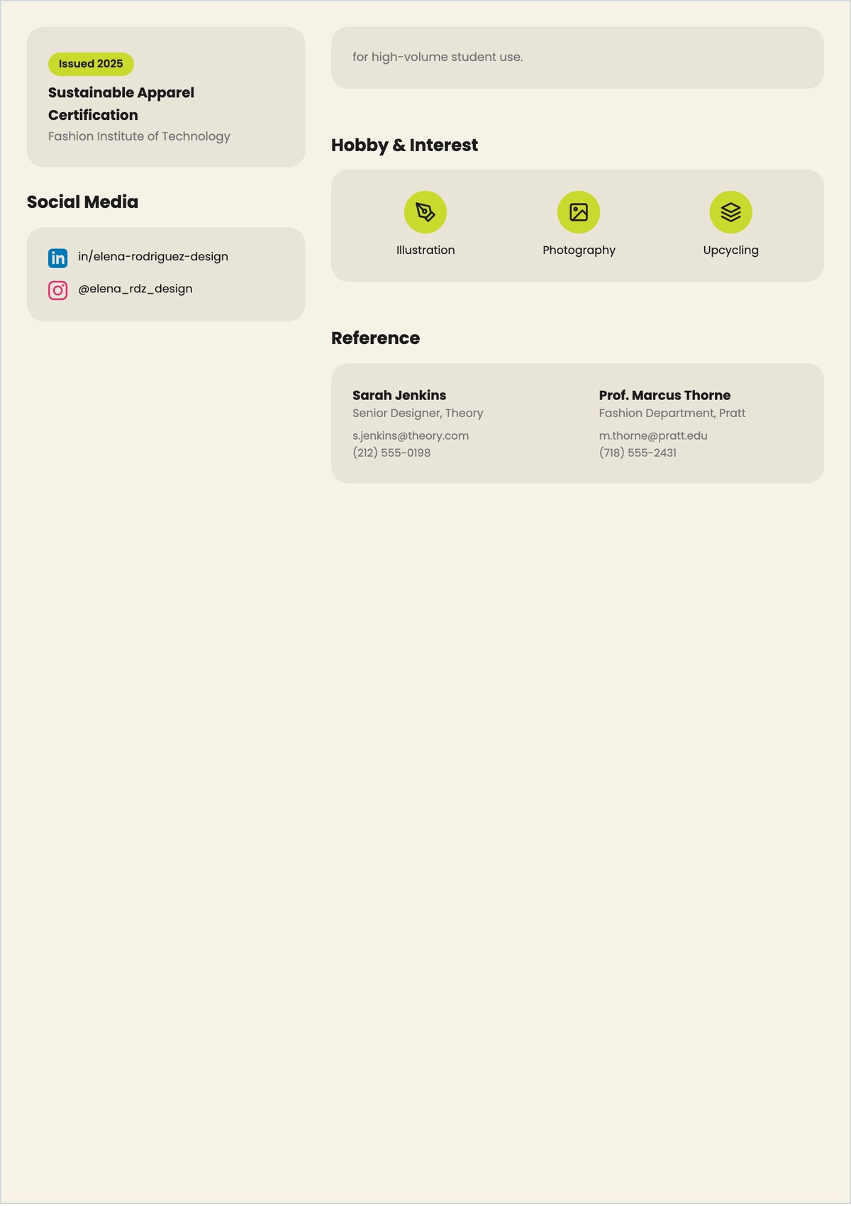 Free Fashion Designer Fresher ATS Resume Template, AI Resume Builder