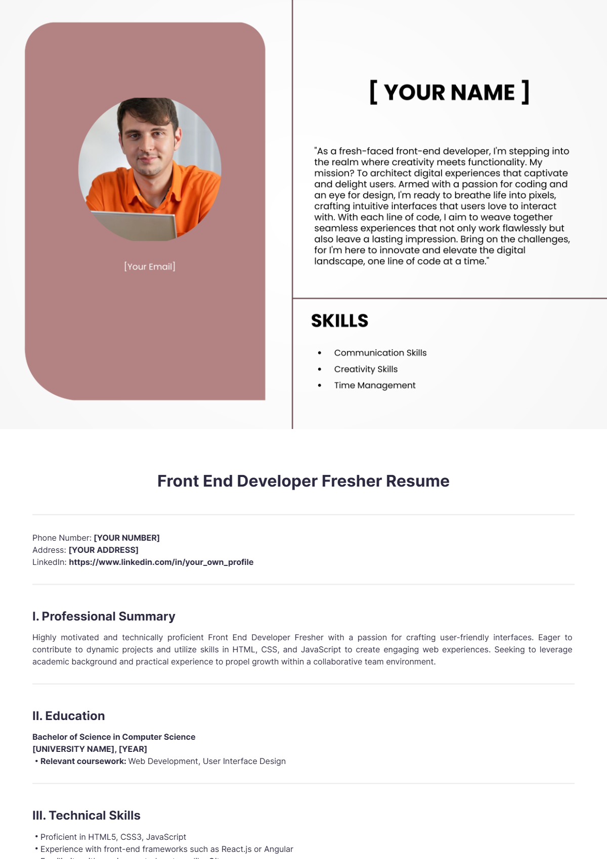 Front End Developer Fresher Resume - Edit Online & Download