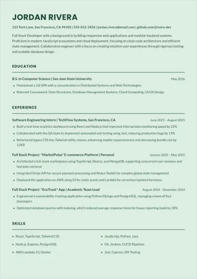Free Full Stack Developer Fresher ATS Resume Template