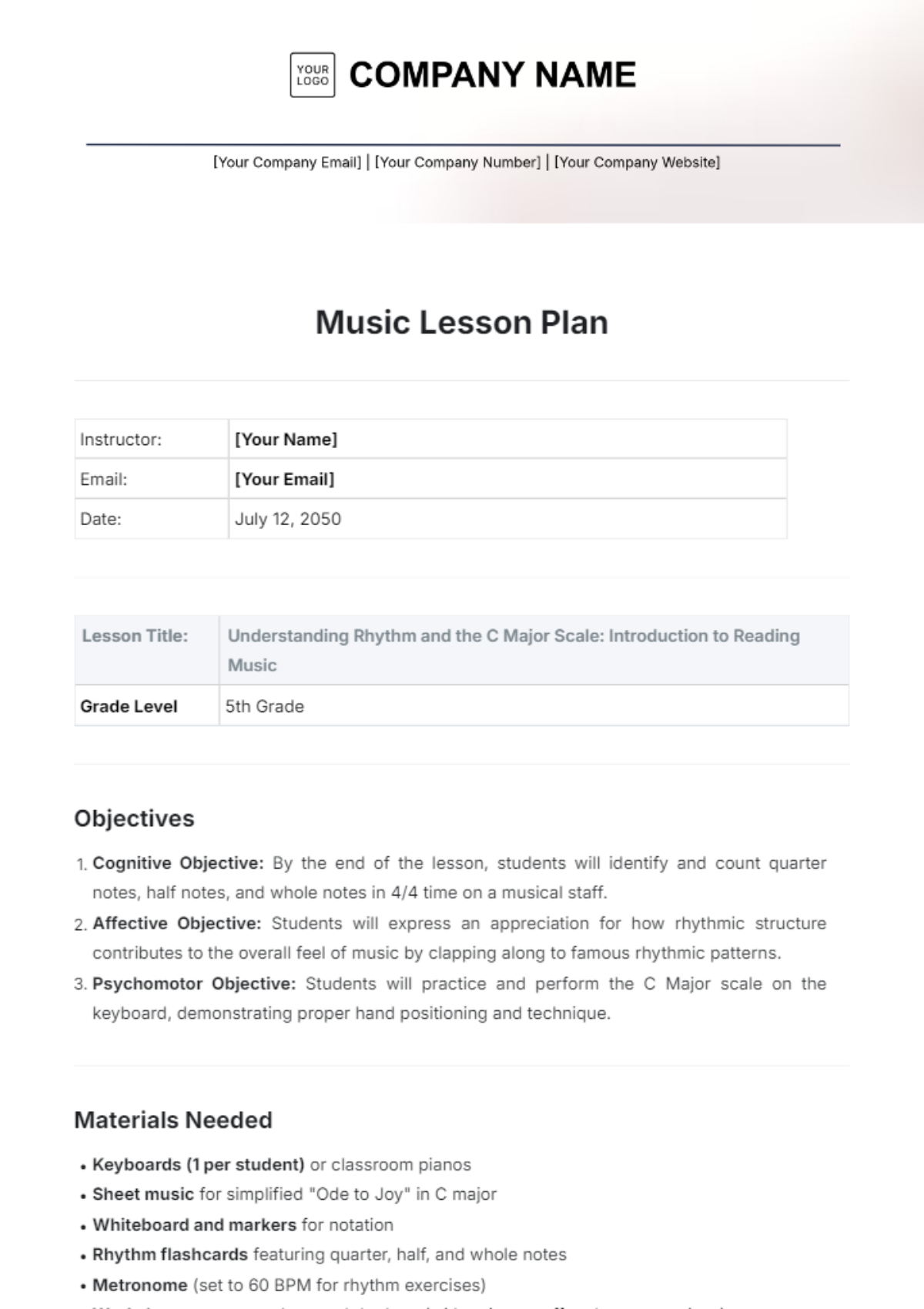 Music Lesson Plan Template - Edit Online & Download