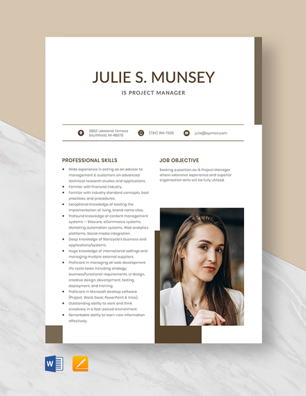 Modern Project Manager Resume - Download in Word, PSD, Apple Pages ...