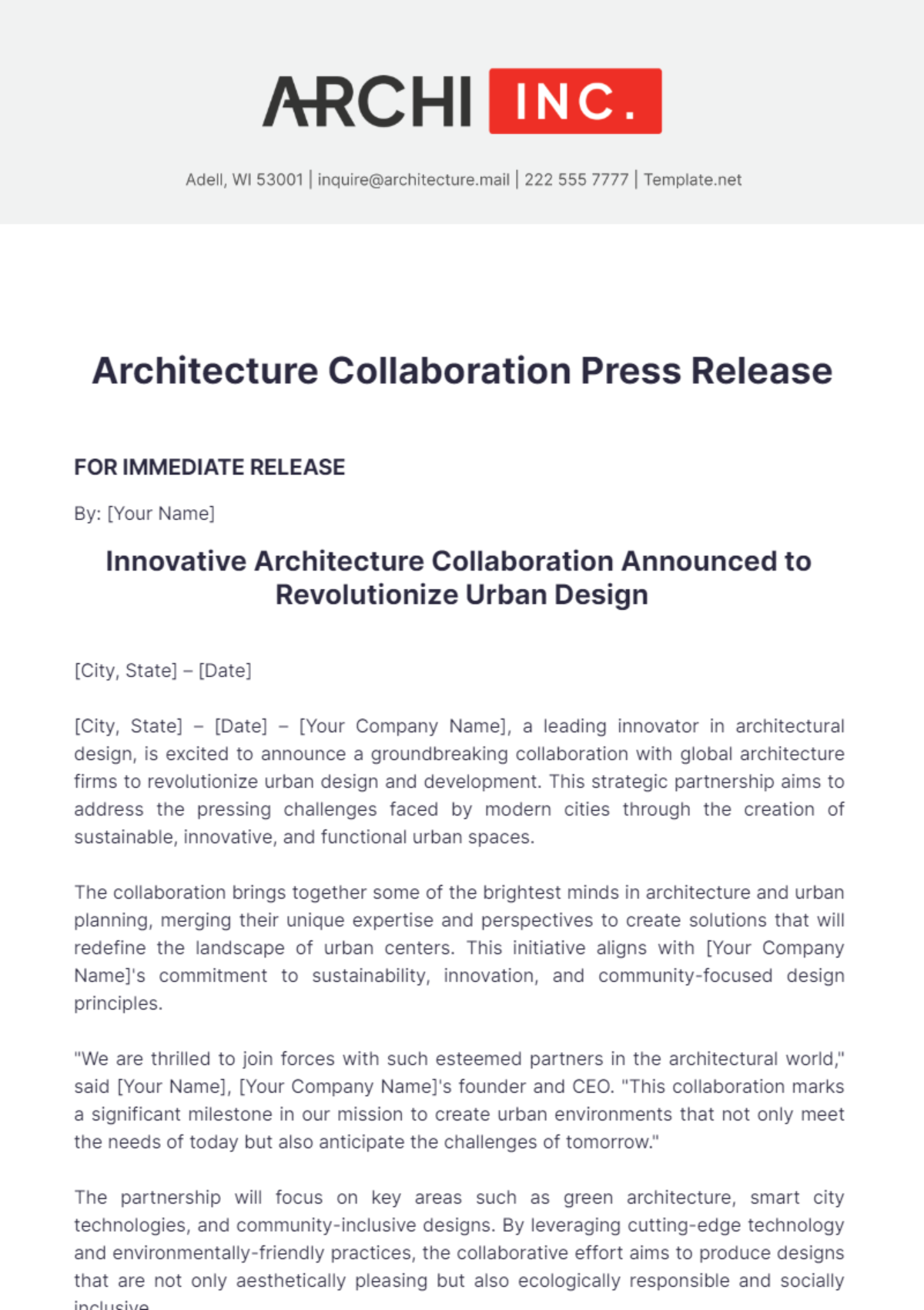 Architecture Collaboration Press Release Template - Edit Online & Download