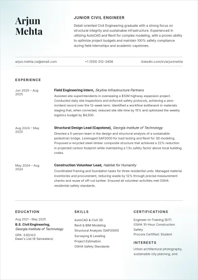 Free Civil Engineer Fresher ATS Resume Template, AI Resume Builder