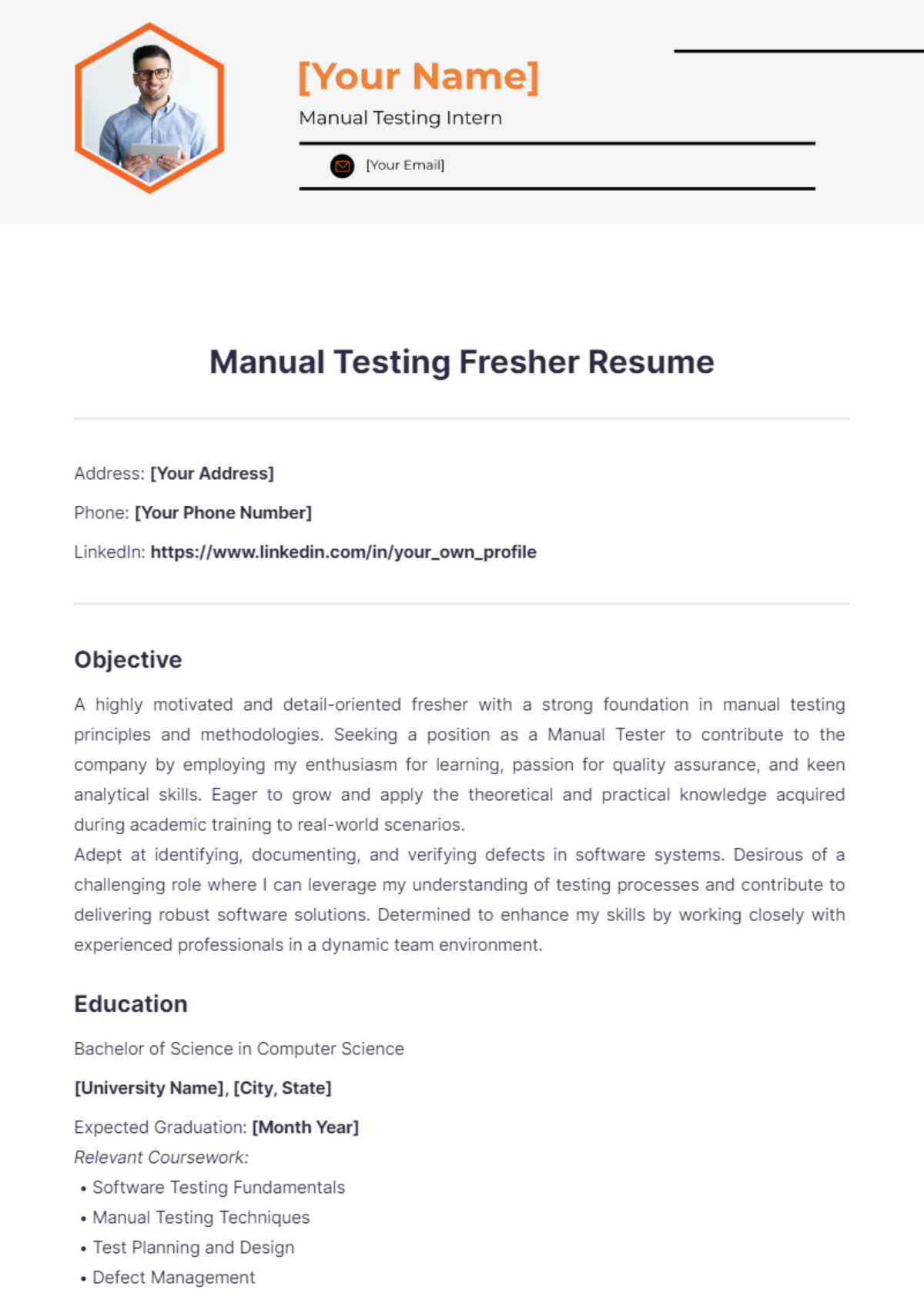 Free Manual Testing Fresher Resume Template to Edit Online