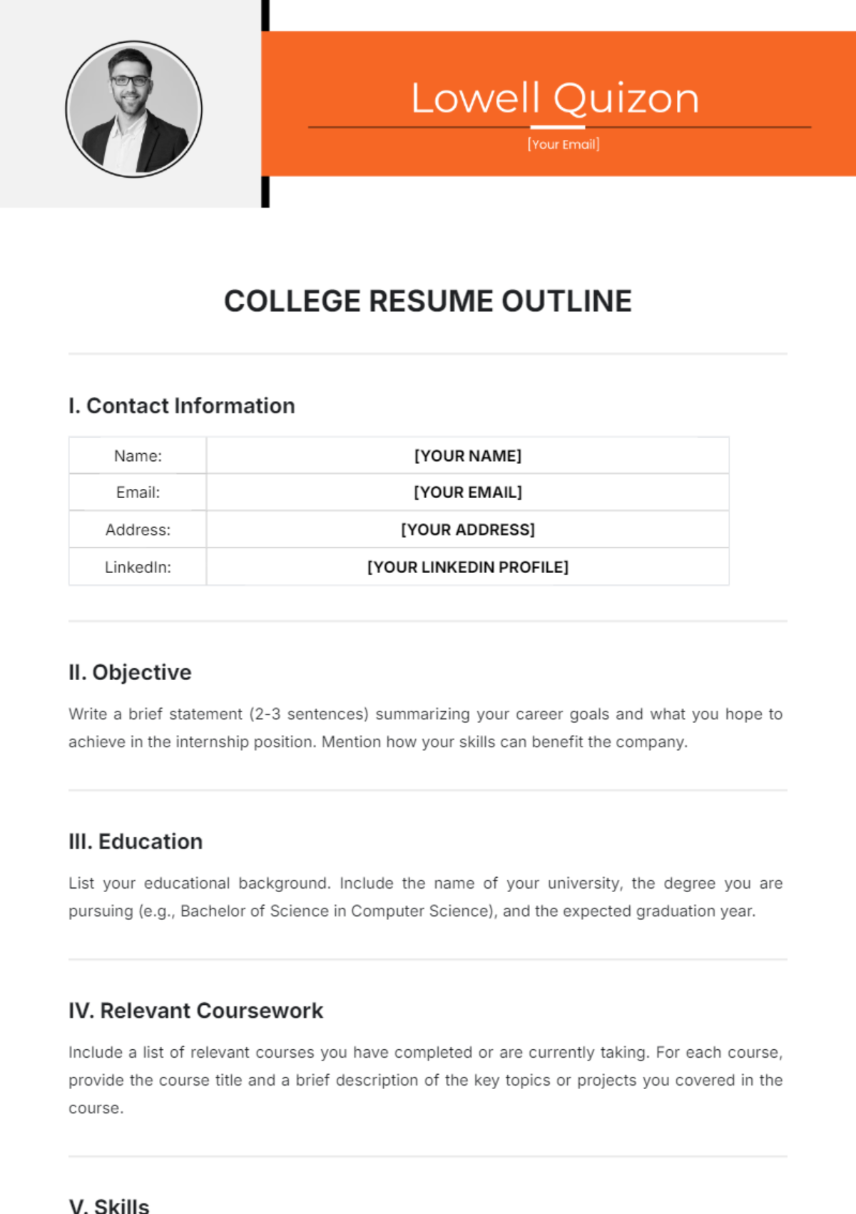 College Resume Outline Template - Edit Online & Download