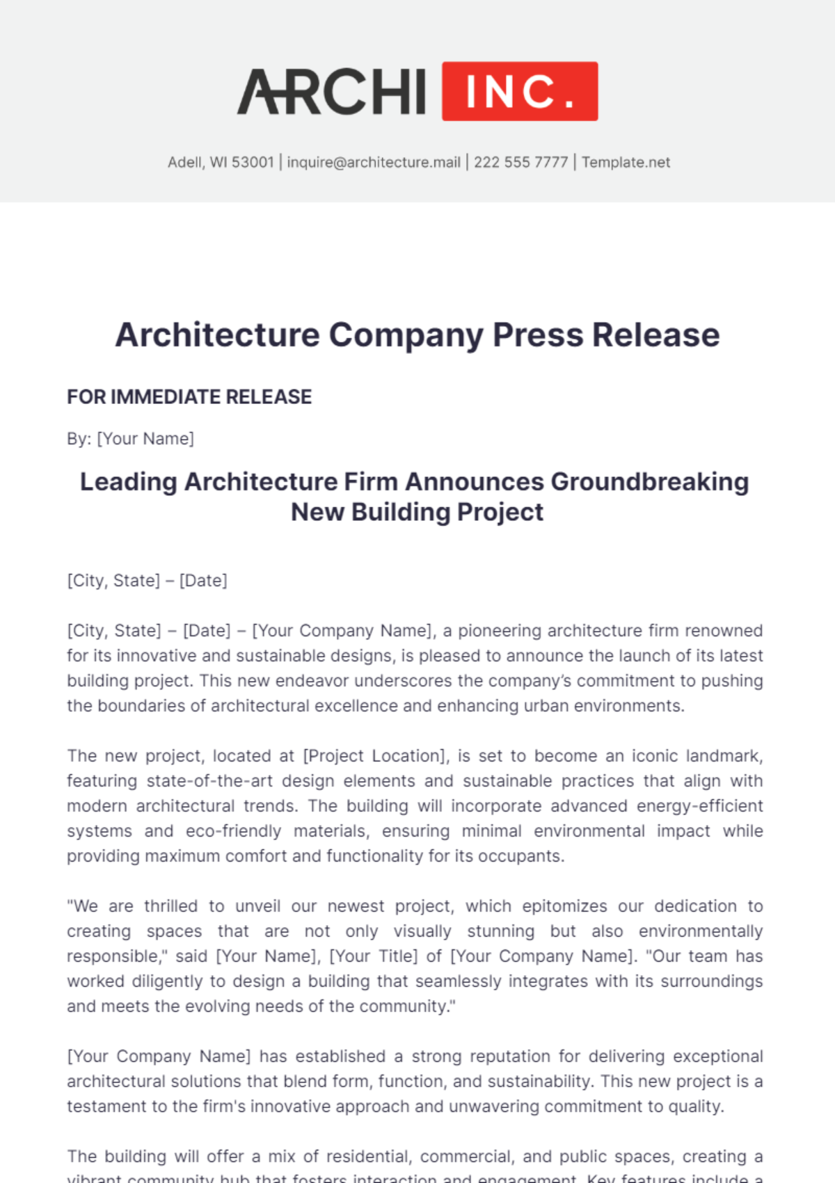 Architecture Company Press Release Template - Edit Online & Download