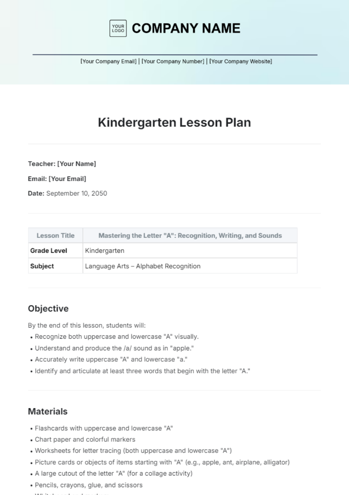 Kindergarten Lesson Plan Template - Edit Online & Download