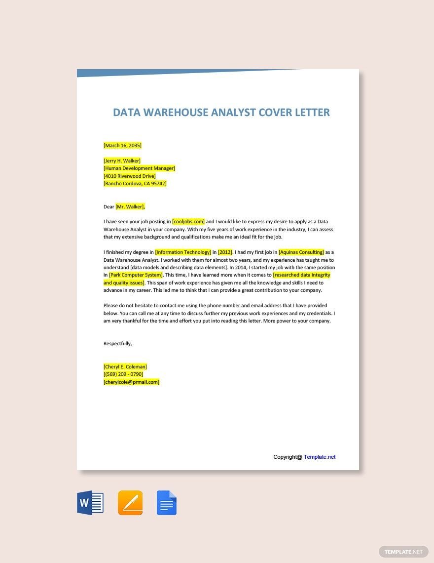 Data Warehouse Analyst Cover Letter