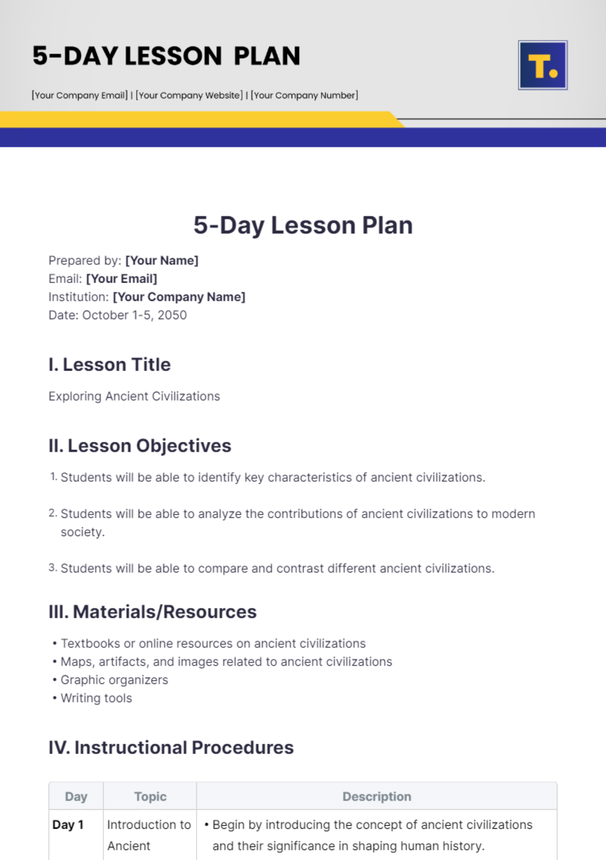 5-Day Lesson Plan Template - Edit Online & Download