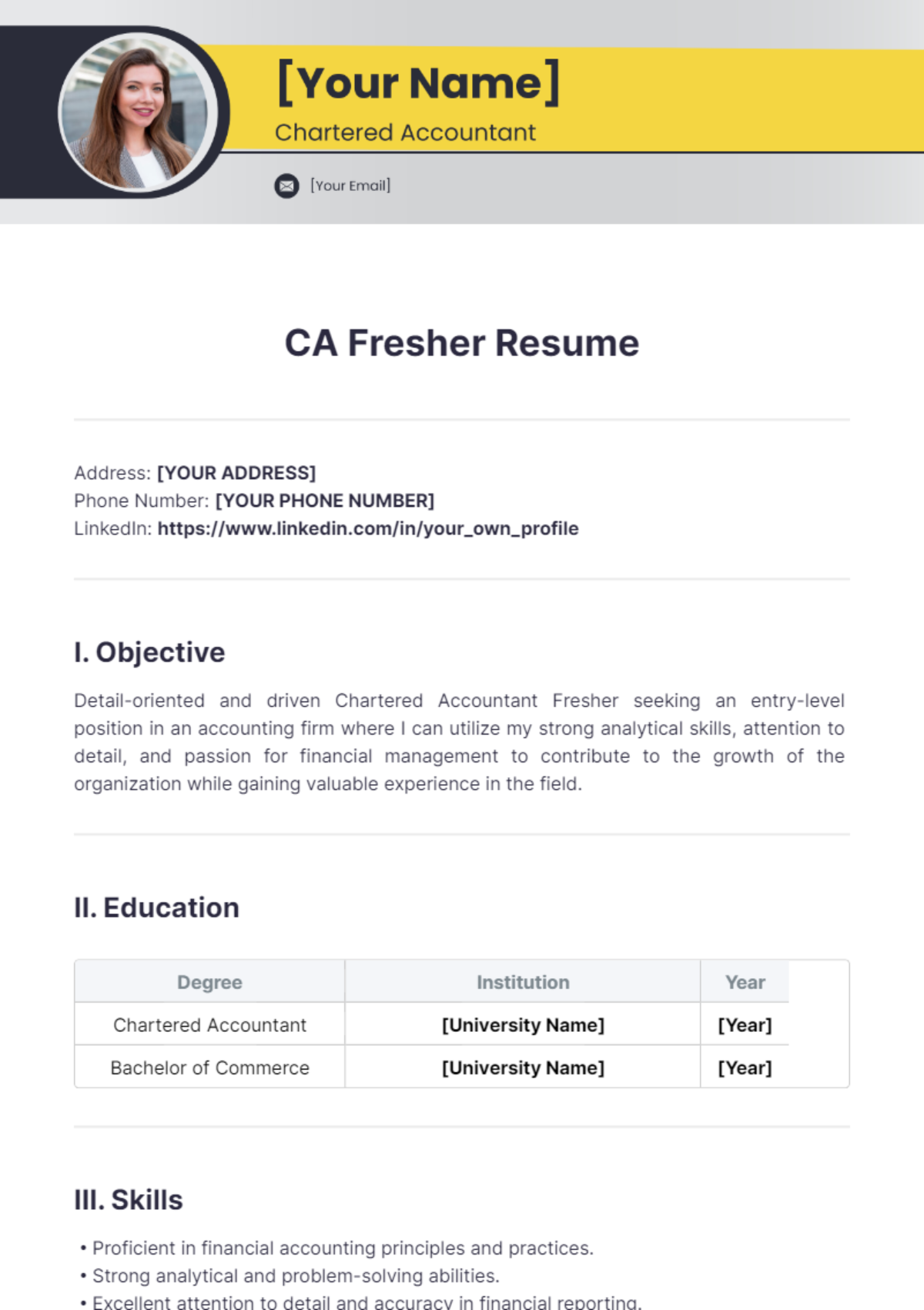 Free CA Fresher Resume Template to Edit Online