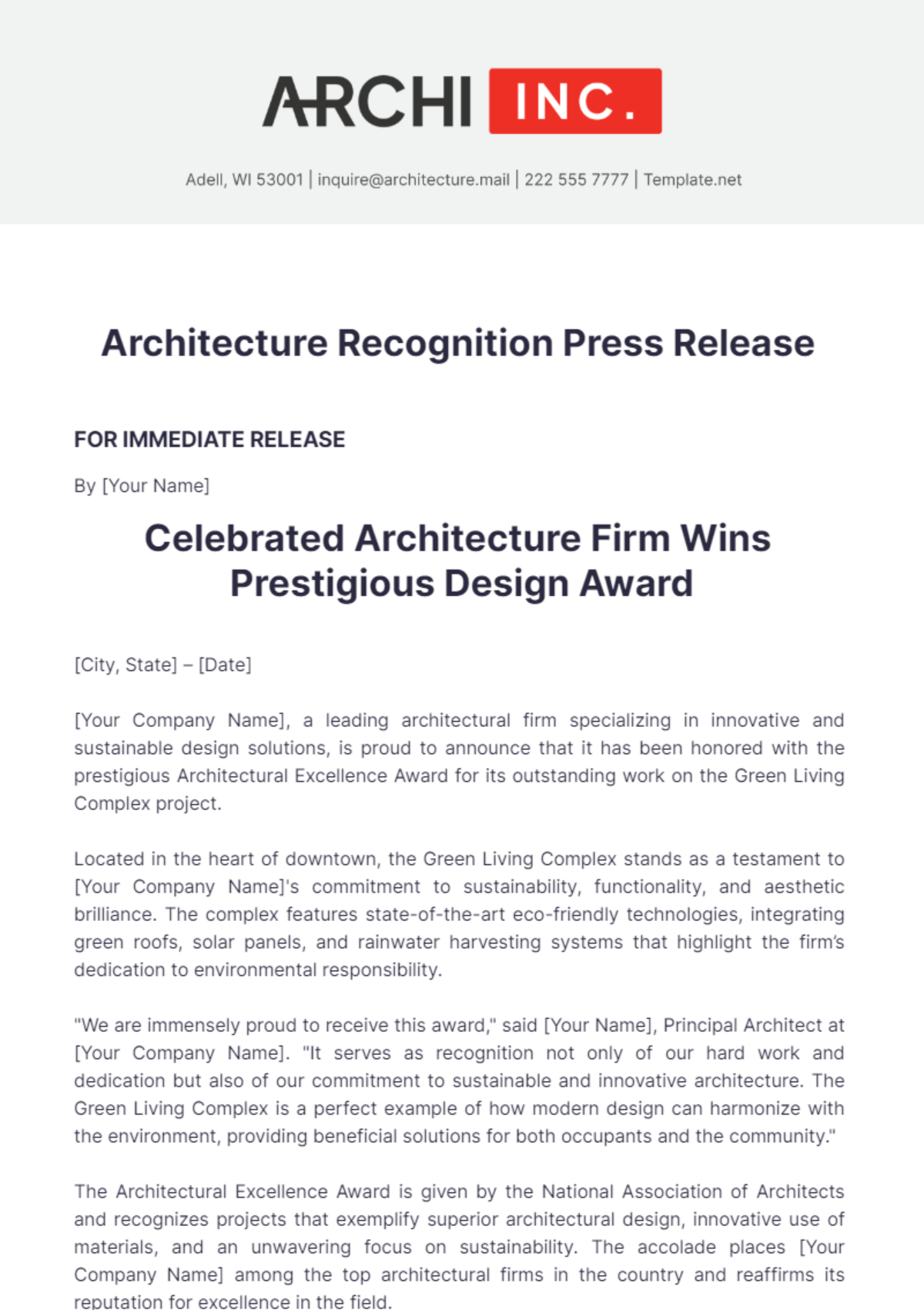 Architecture Recognition Press Release Template - Edit Online & Download