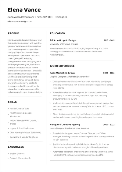 Free Graphic Designer/Administrative Assistant ATS Resume Template