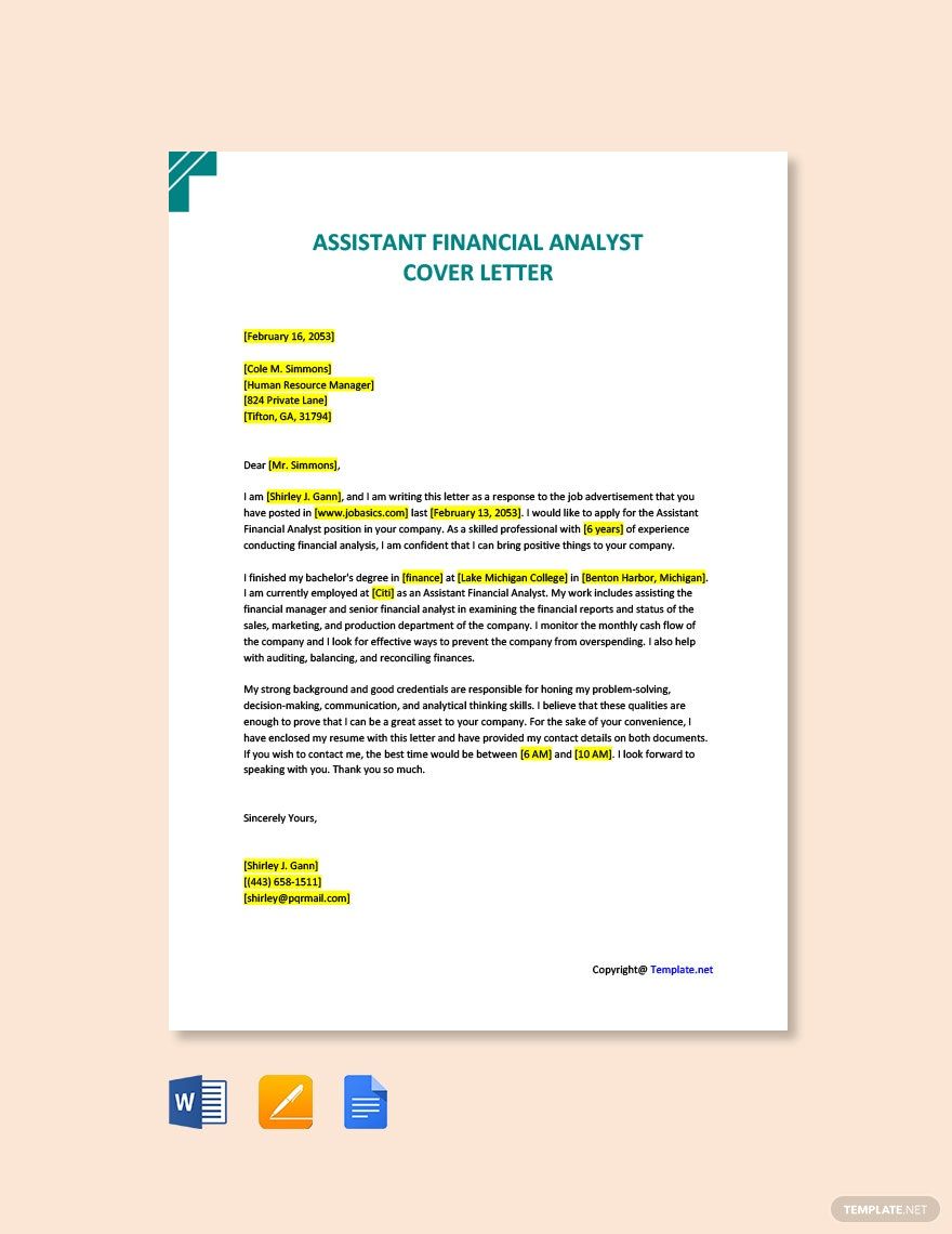 Free Assistant Financial Analyst Cover Letter in Word, Google Docs, PDF, Apple Pages