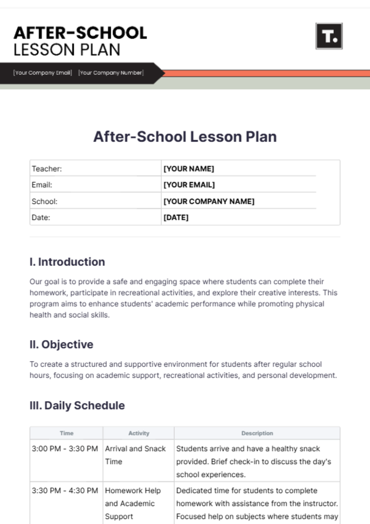 Free After-School Lesson Plan Template