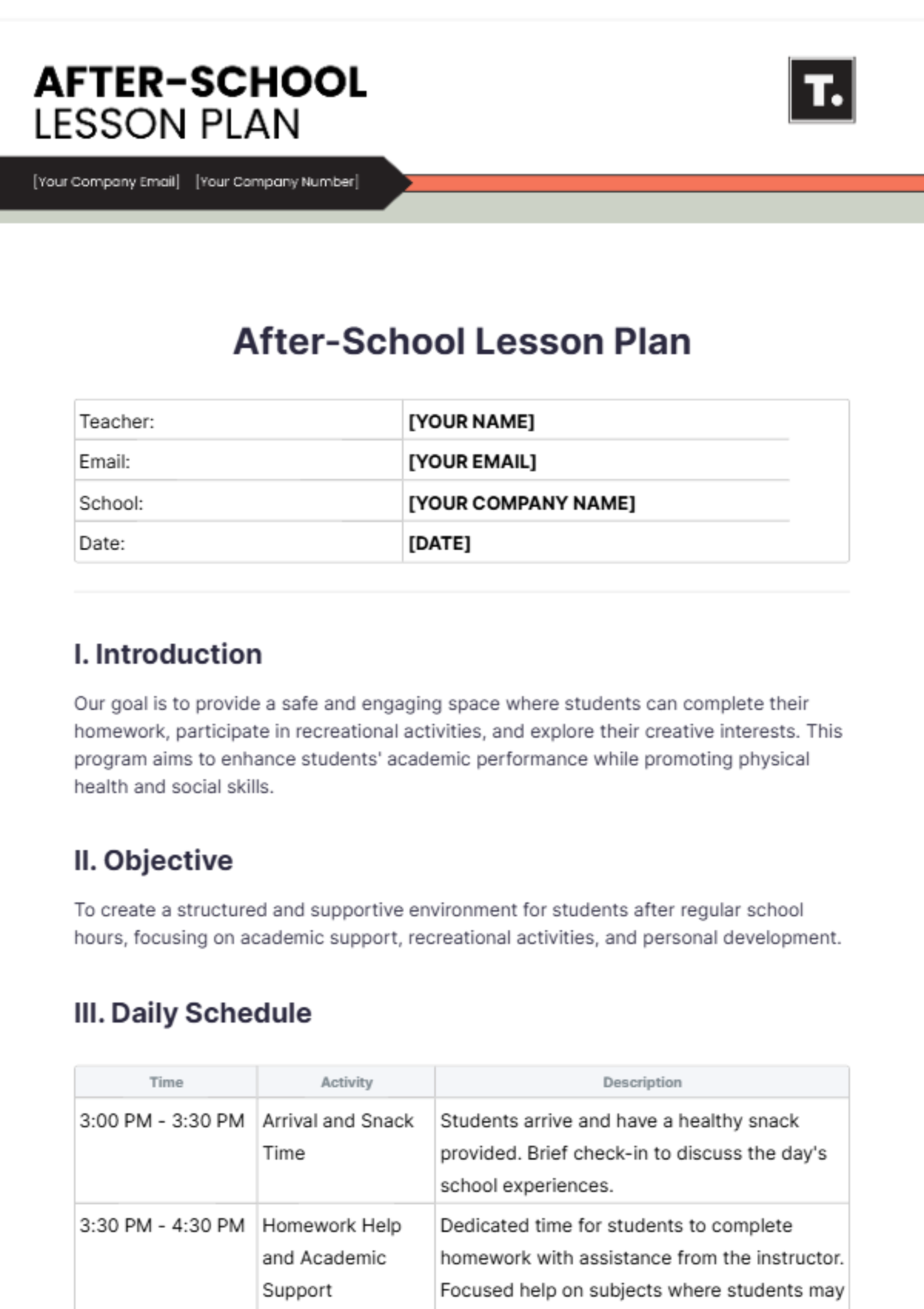 After-School Lesson Plan Template - Edit Online & Download