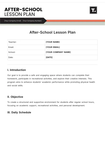 Free After-School Lesson Plan Template to Edit Online