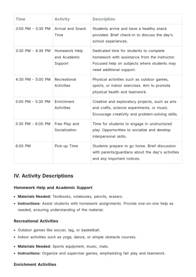 Free After-School Lesson Plan Template to Edit Online