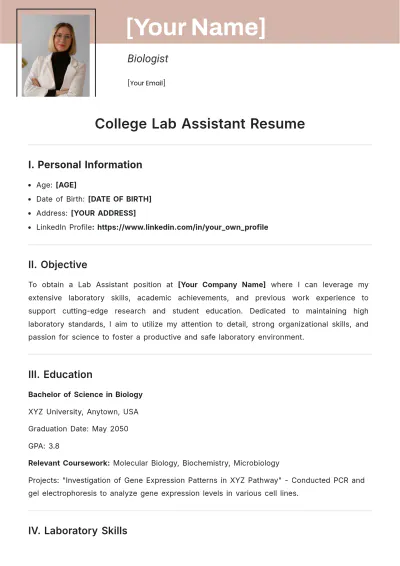 Free College Lab Assistant ATS Resume Template, AI Resume Builder