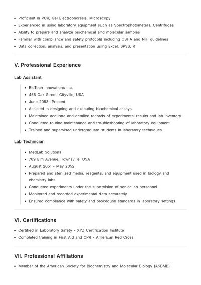 Free College Lab Assistant ATS Resume Template, AI Resume Builder
