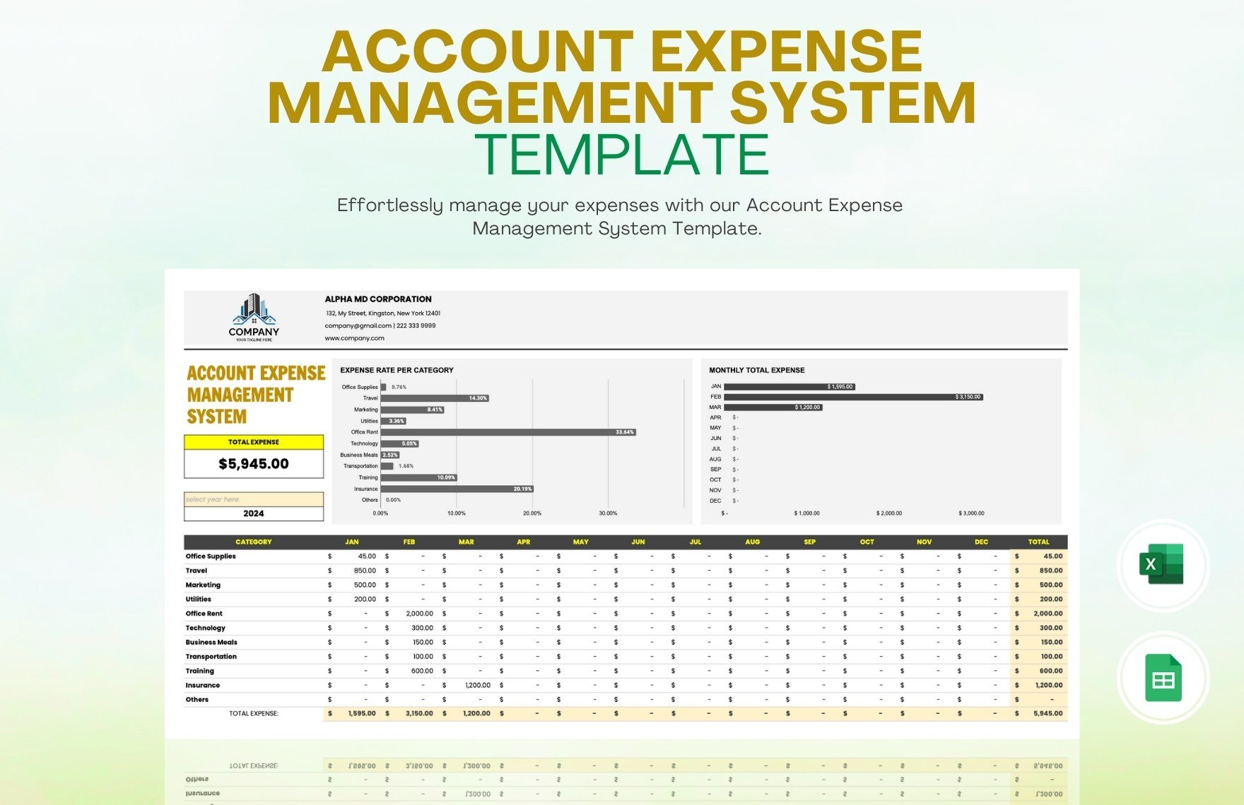 Account Expense Management System Template in Excel, Google Sheets