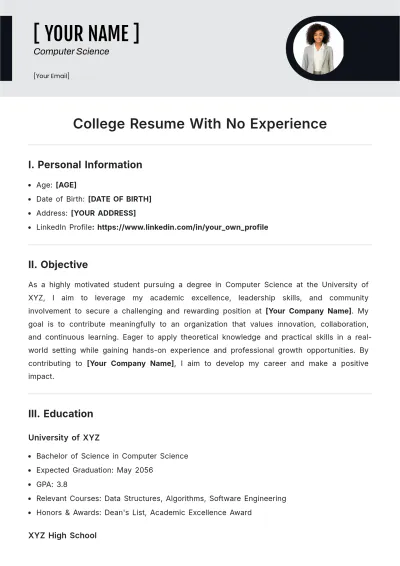 Free College ATS Resume With No Experience Template, AI Resume Builder