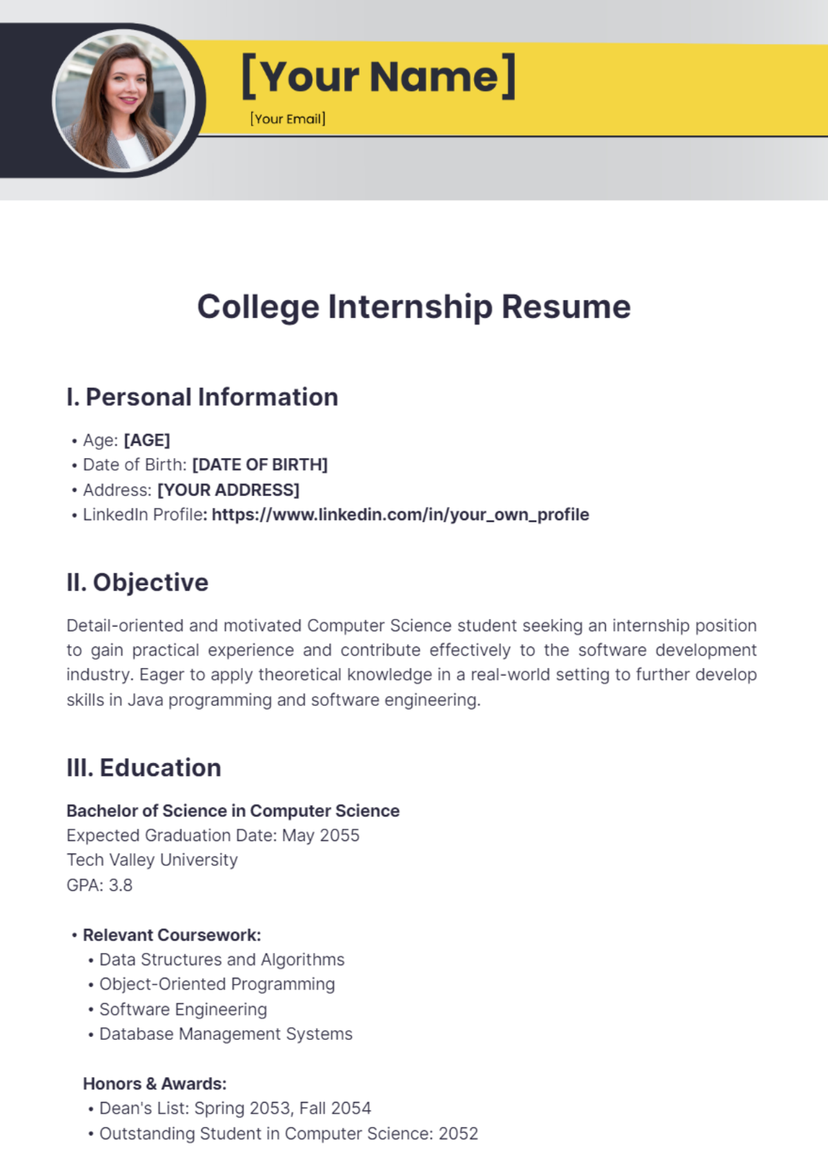 College Internship Resume - Edit Online & Download