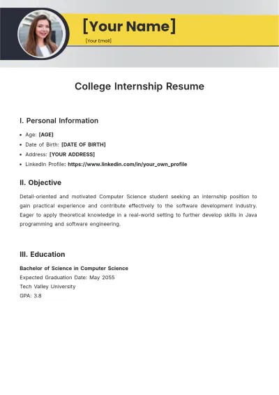 Free College Internship ATS Resume Template, AI Resume Builder