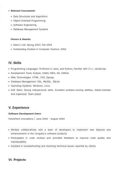 Free College Internship ATS Resume Template, AI Resume Builder