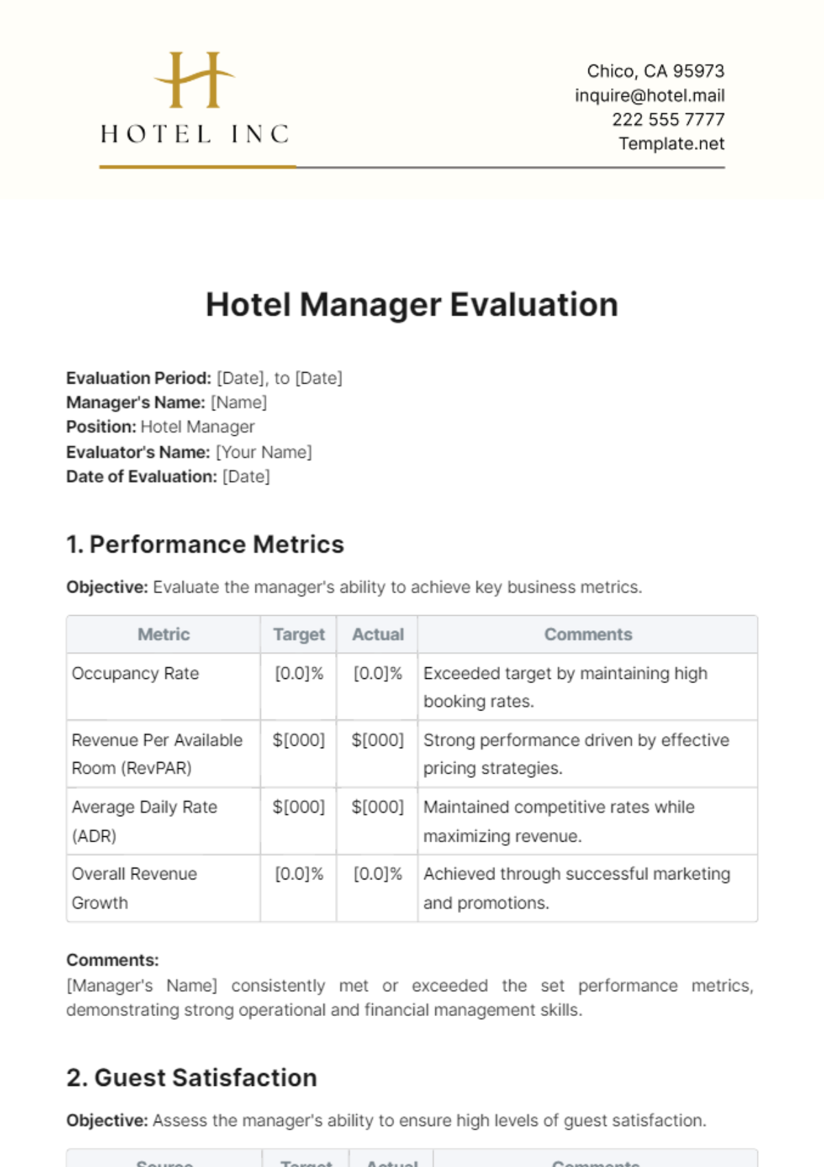 Hotel Manager Evaluation Template - Edit Online & Download