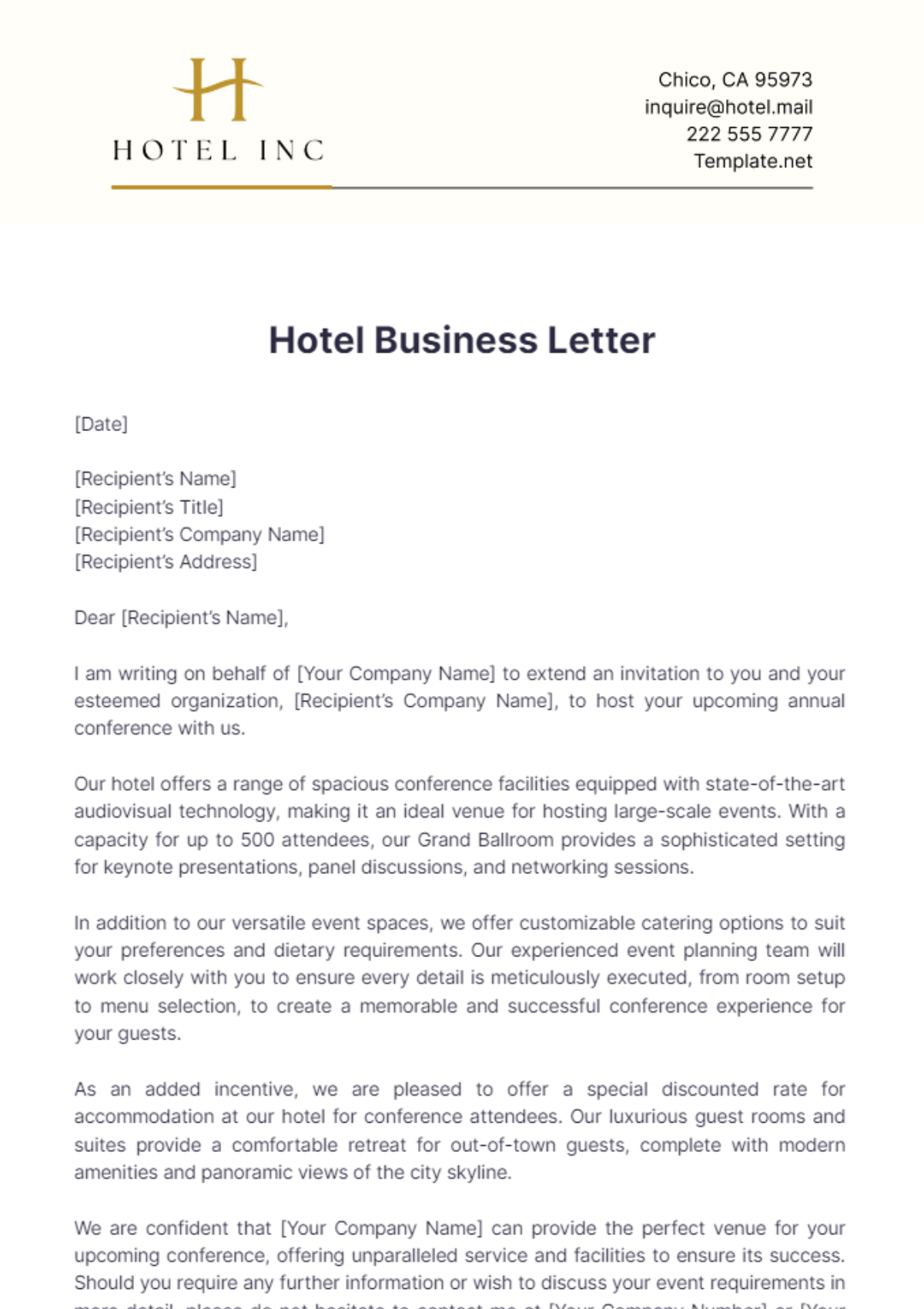 Hotel Business Letter Template