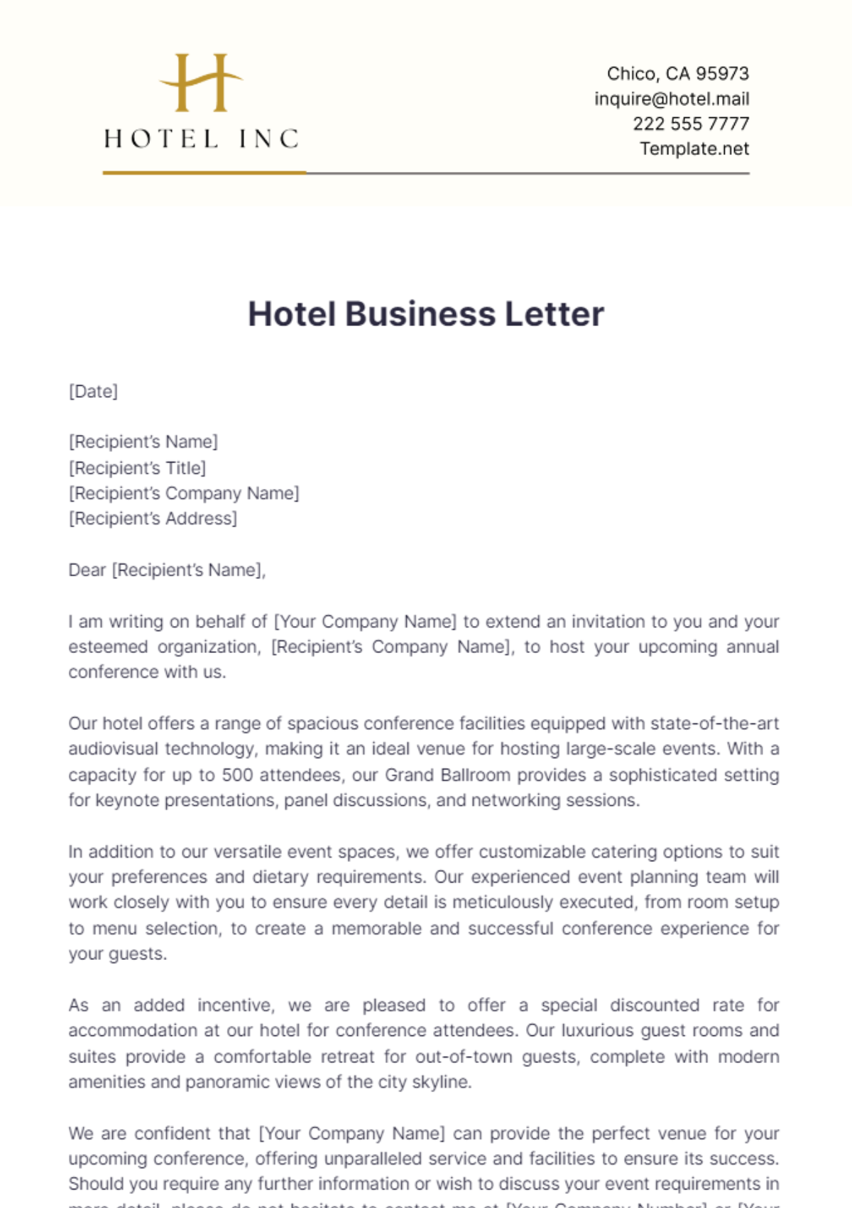 Hotel Business Letter Template - Edit Online & Download