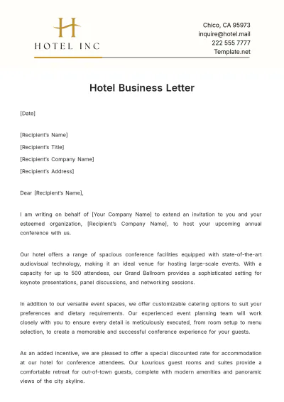 Free Hotel Business Letter Template to Edit Online