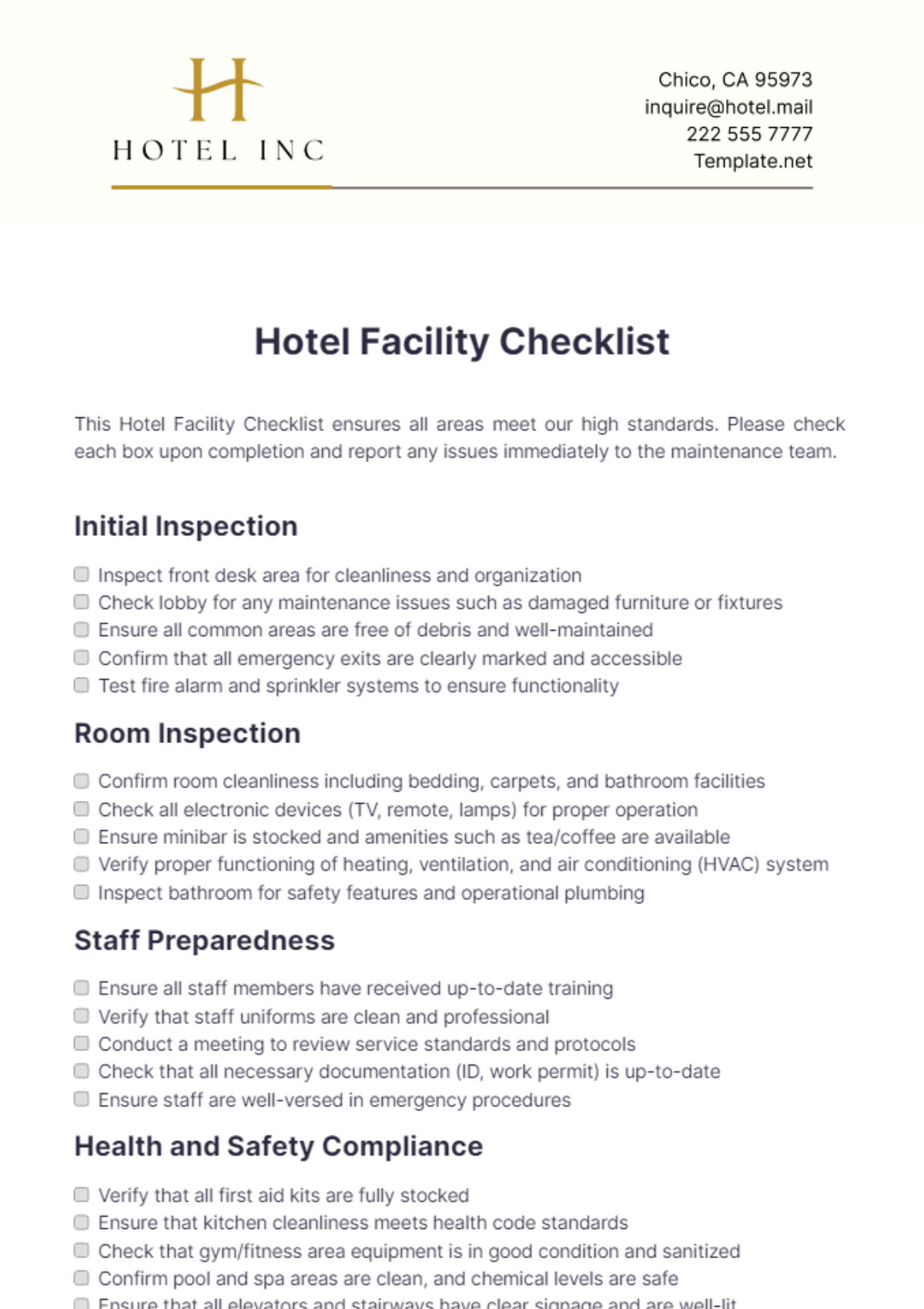 Hotel Facility Checklist Template - Edit Online & Download