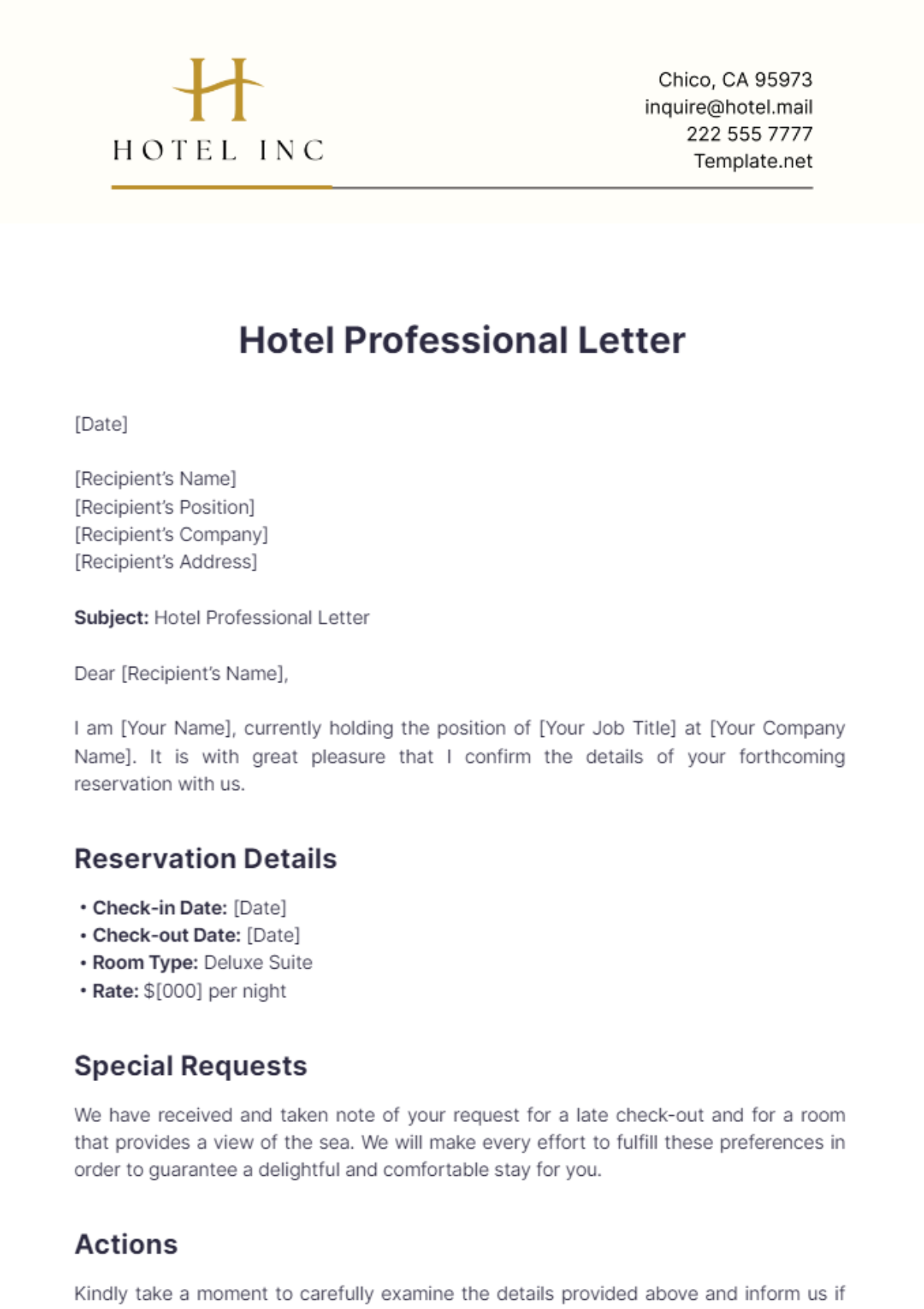 Hotel Professional Letter Template