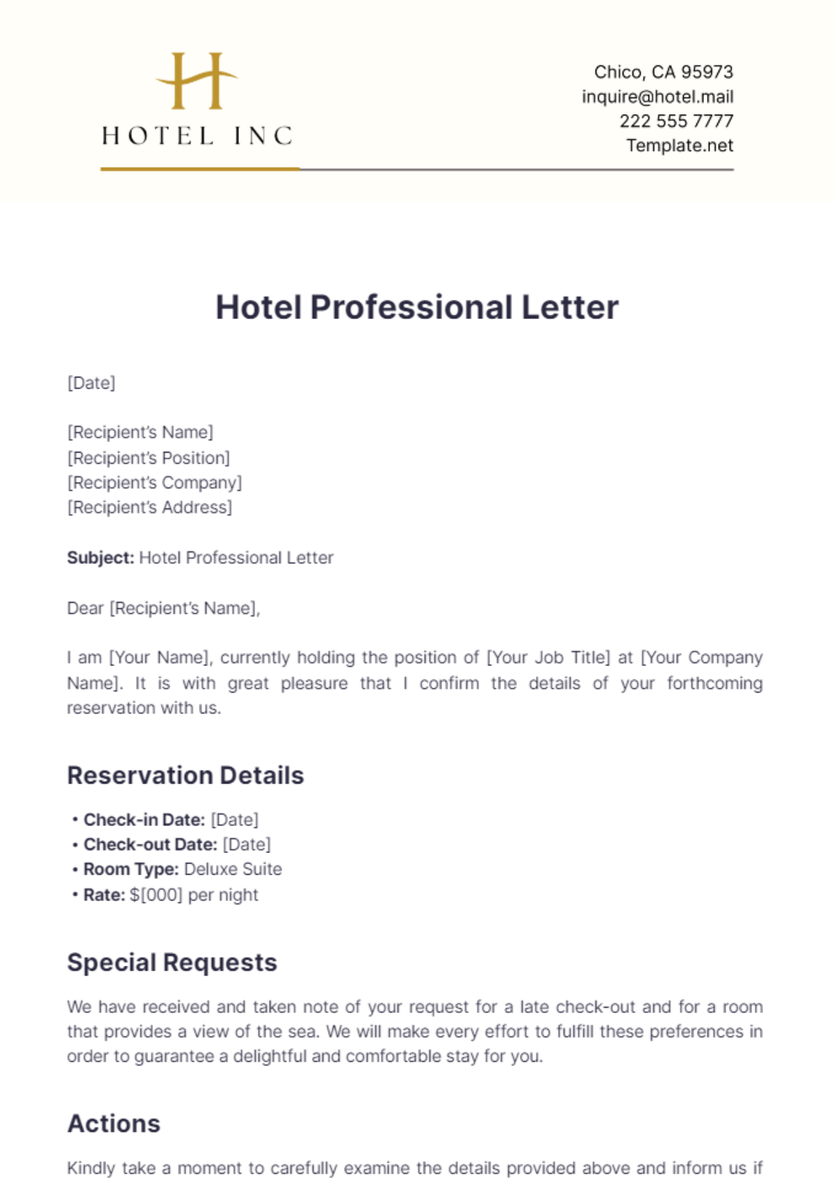 Hotel Professional Letter Template - Edit Online & Download