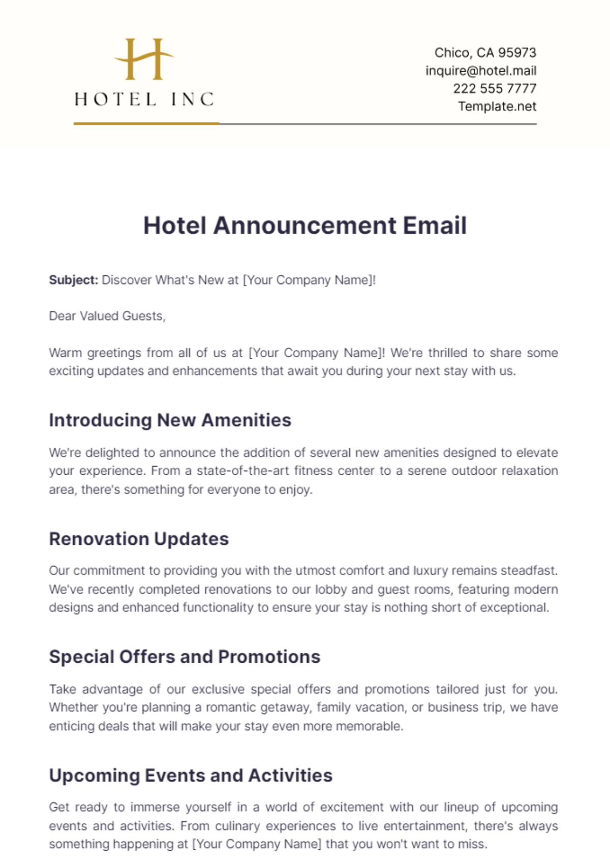 Free Hotel Announcement Email Template