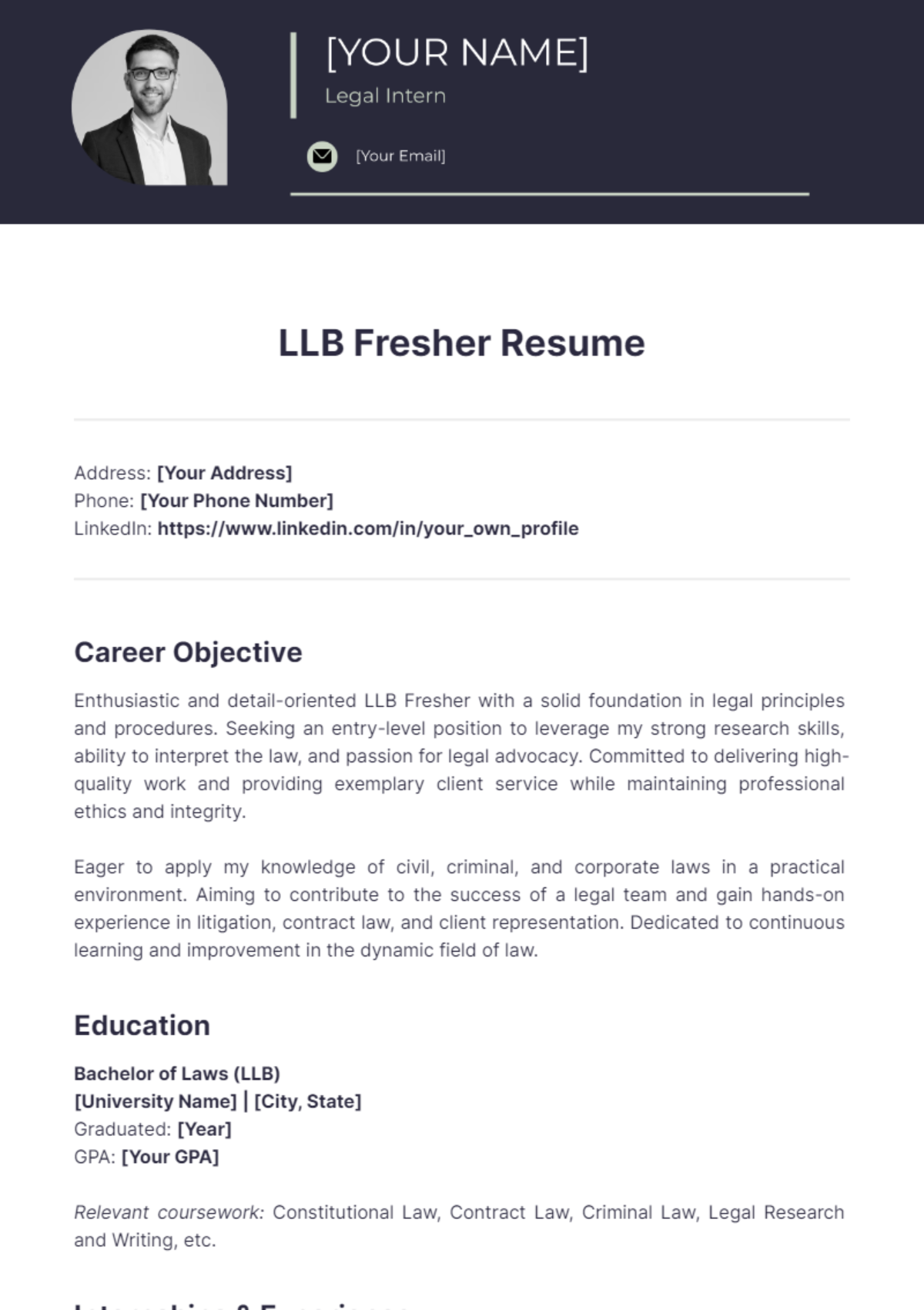 LLB Fresher Resume