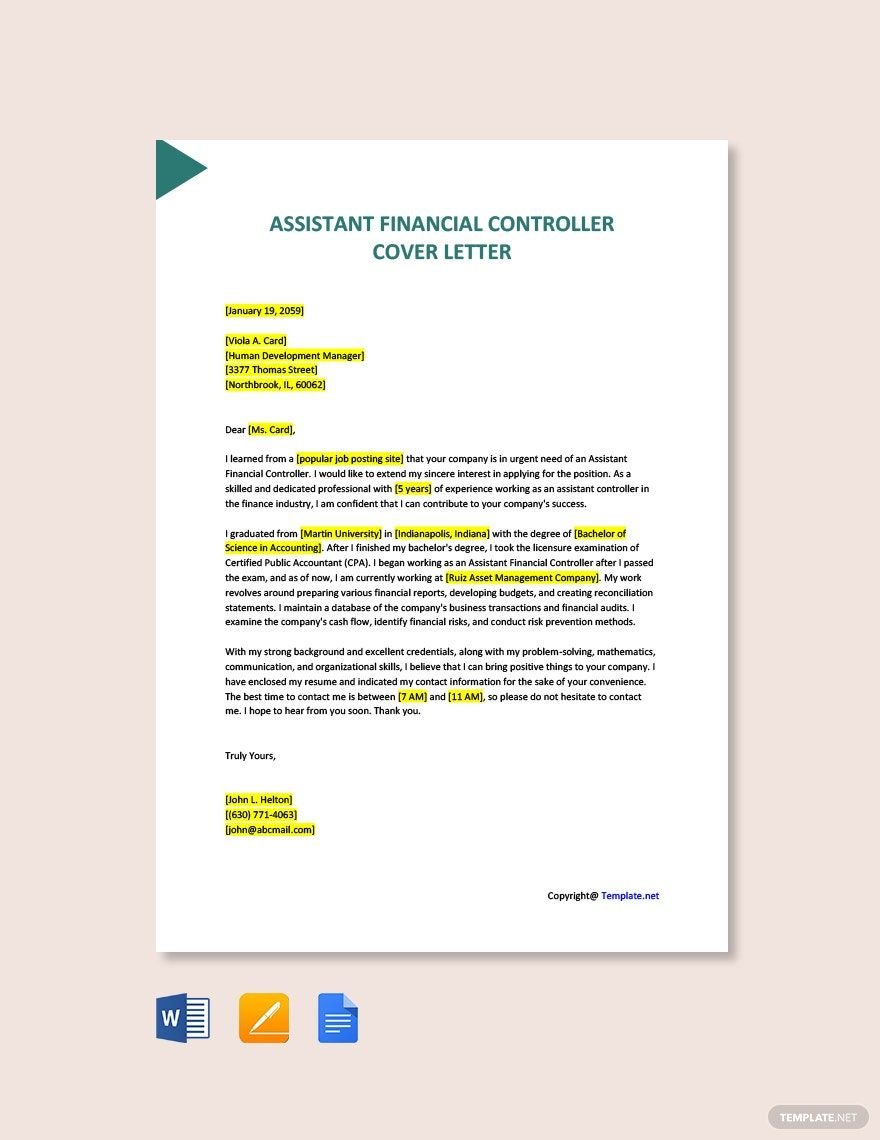Assistant Financial Controller Cover Letter