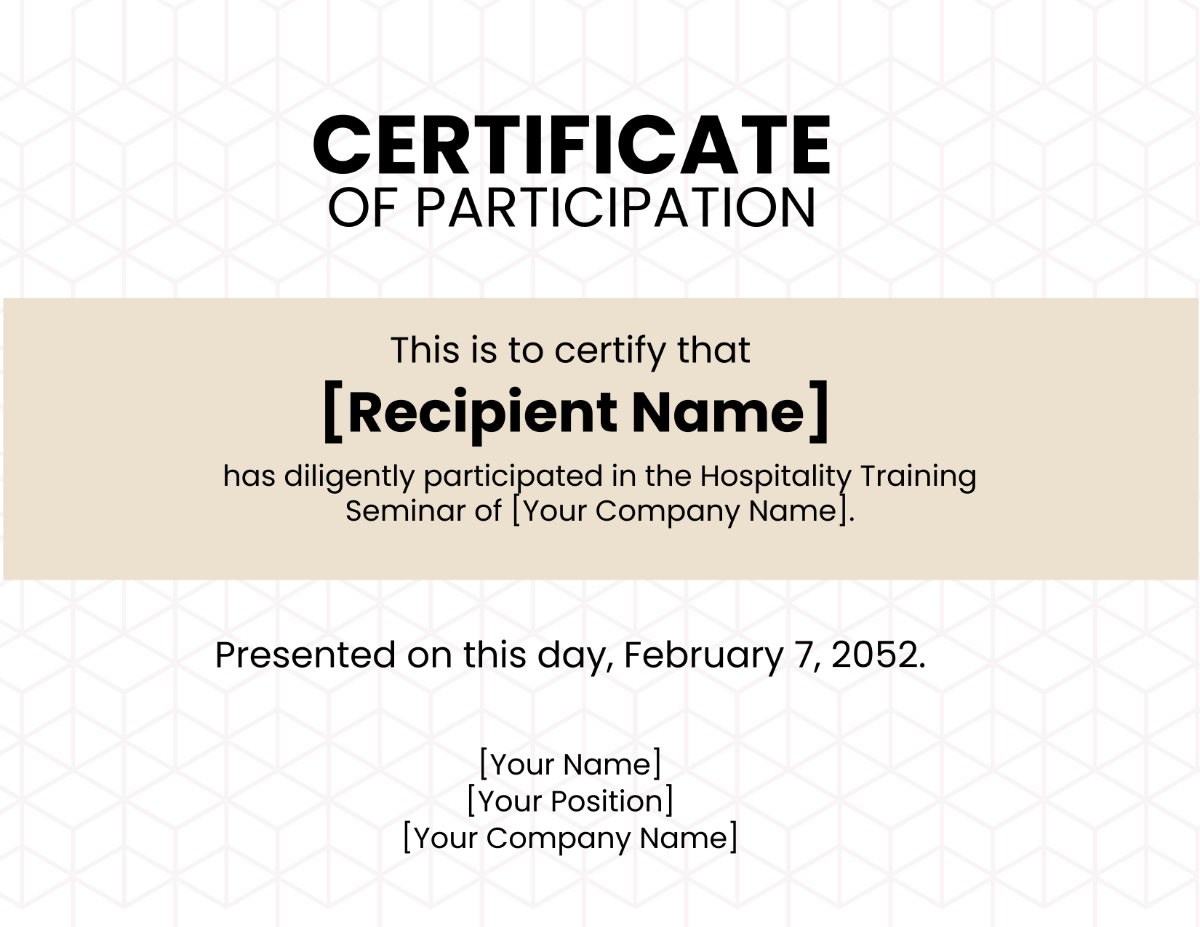 Hospitality Training Certificate