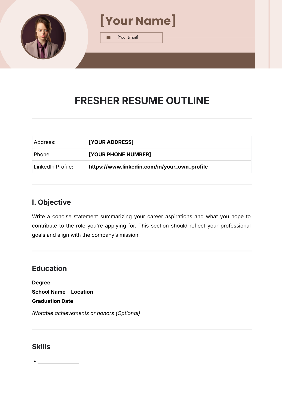 Freshers Resume Outline Template - Edit Online & Download