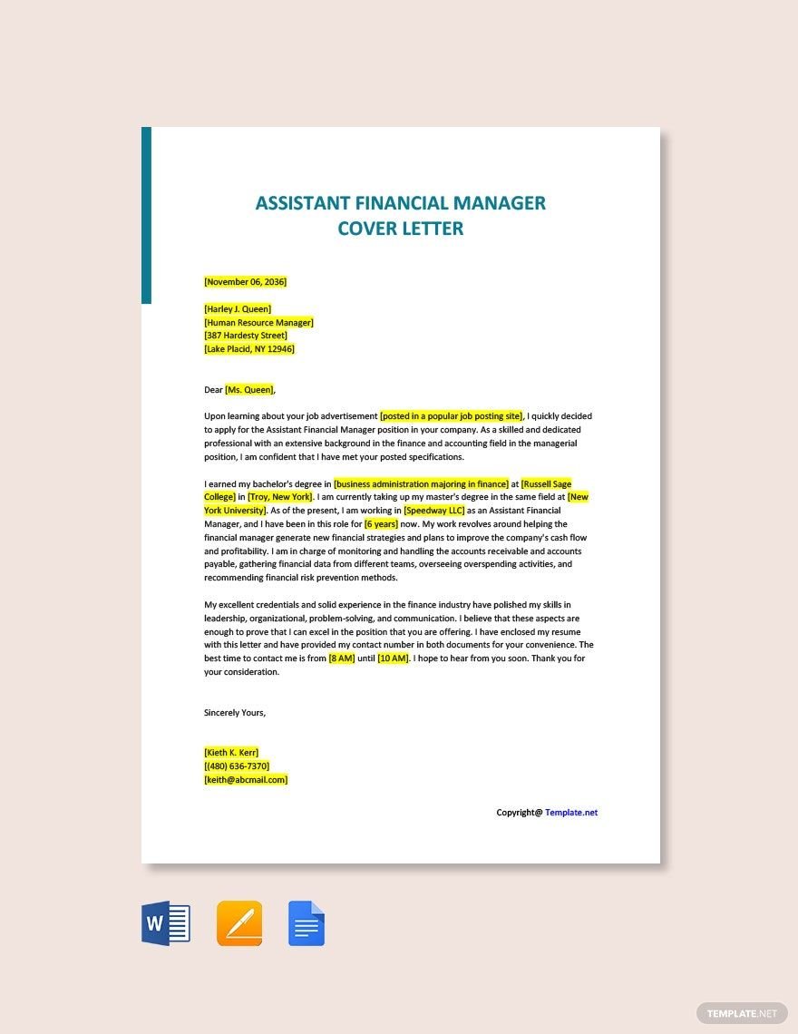 Assistant Financial Manager Cover Letter