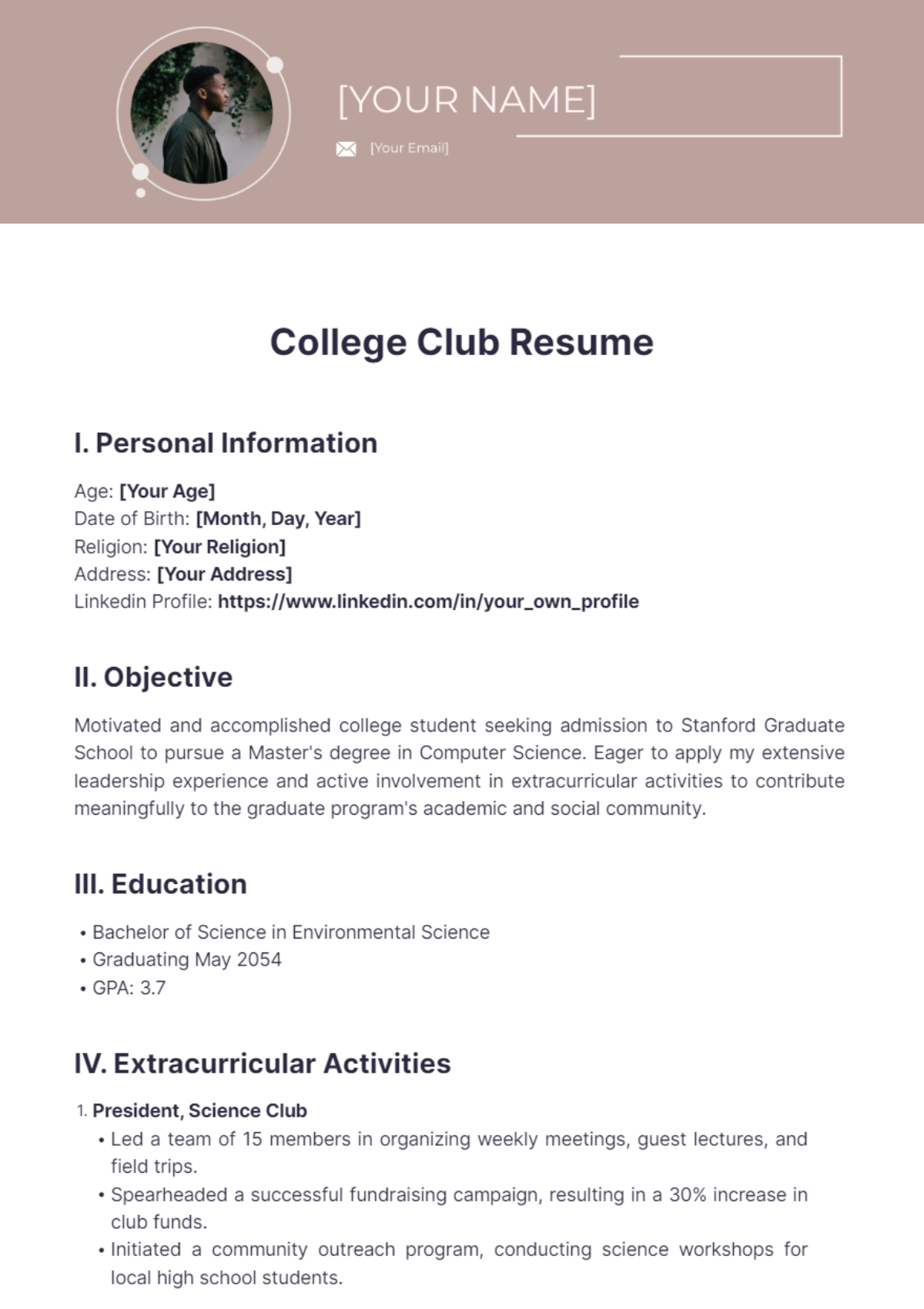 College Club Resume - Edit Online & Download