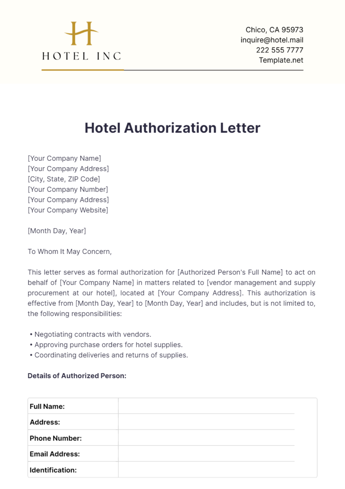 Hotel Authorization Letter Template