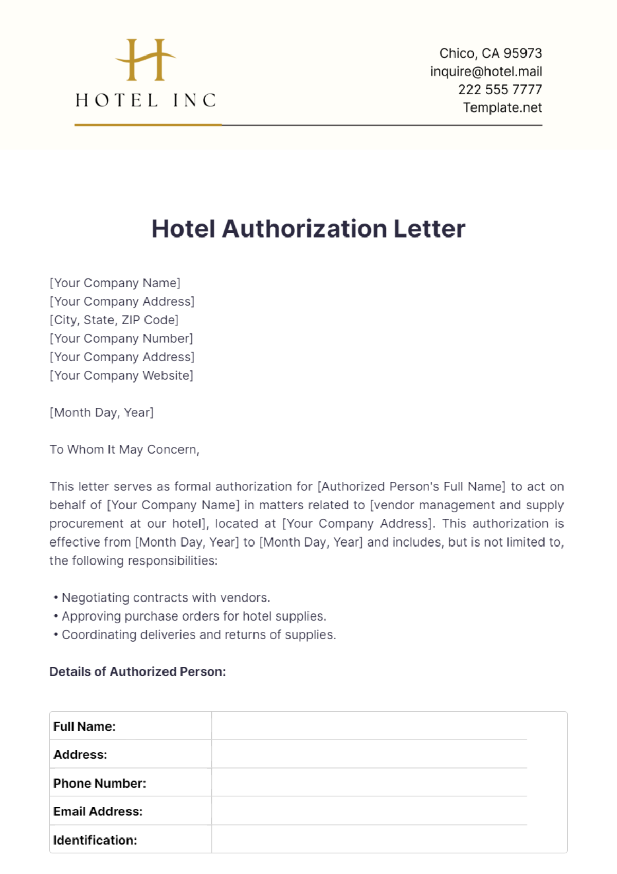 Hotel Authorization Letter Template - Edit Online & Download