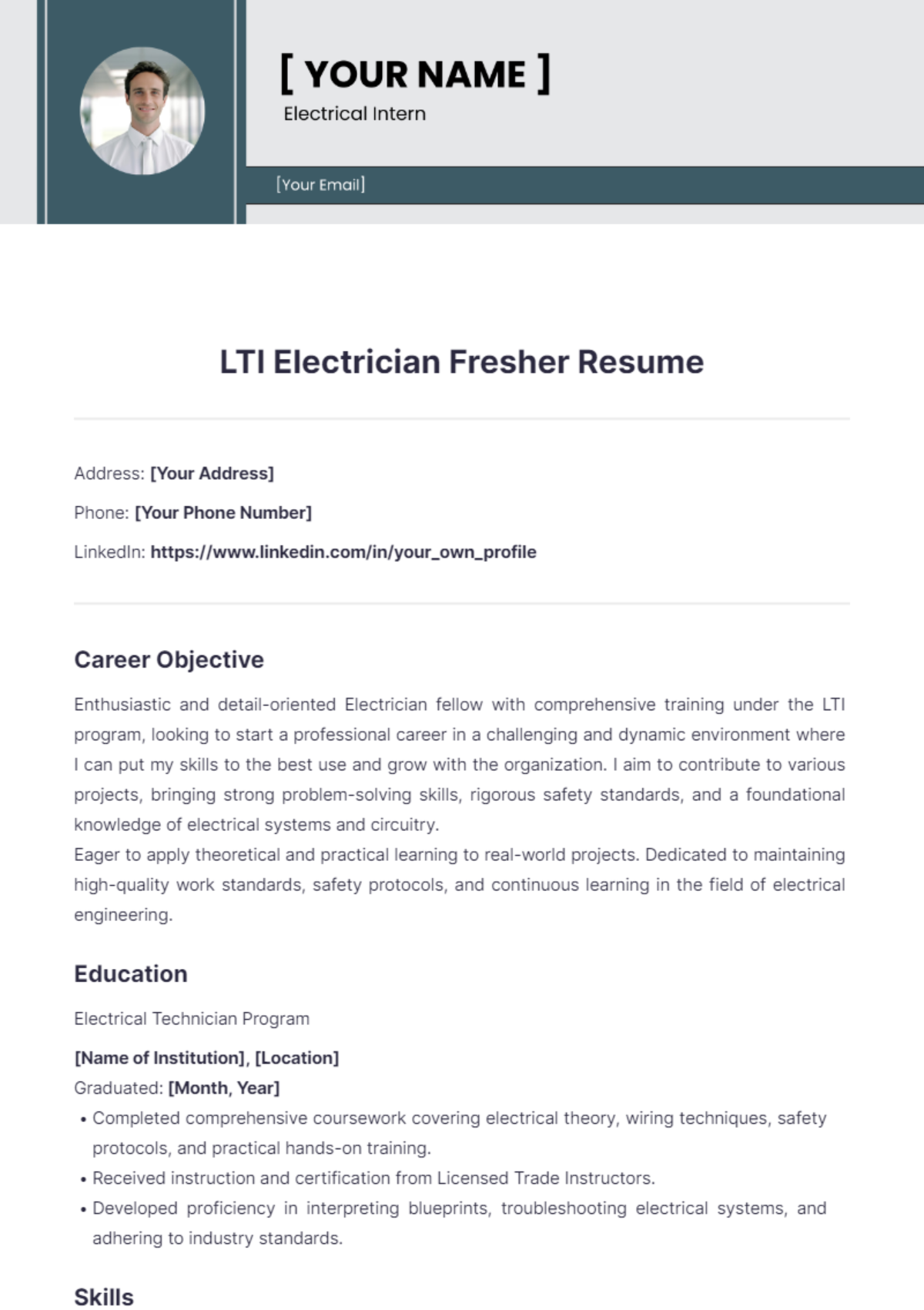 LTI Electrician Fresher Resume