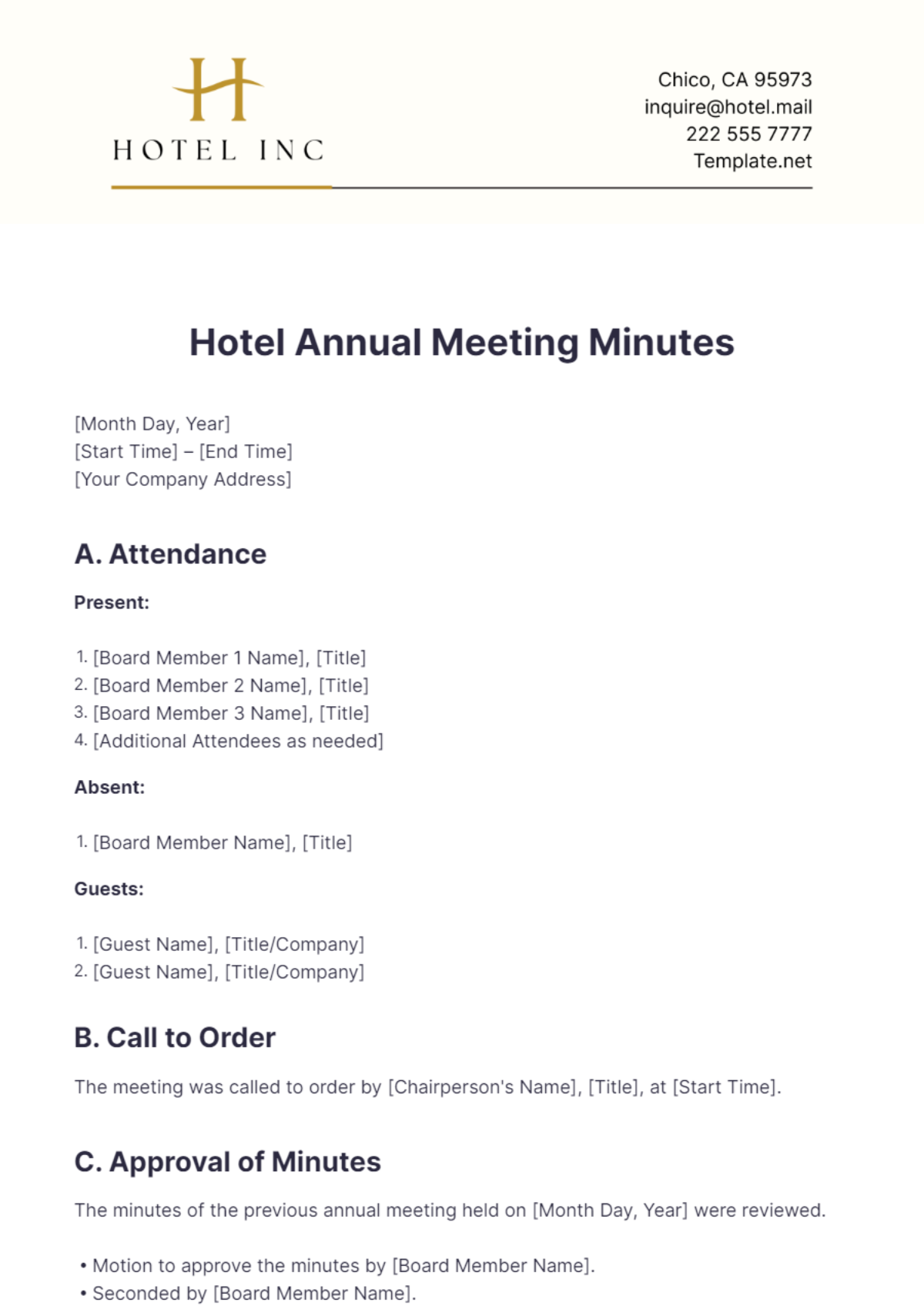 Hotel Annual Meeting Minutes Template - Edit Online & Download