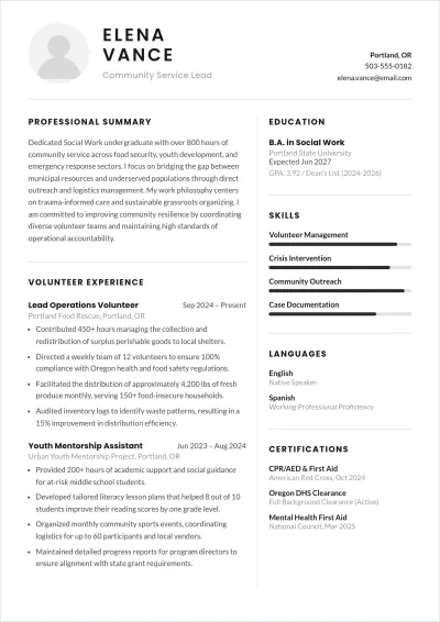 Free College Volunteer ATS Resume Template, AI Resume Builder