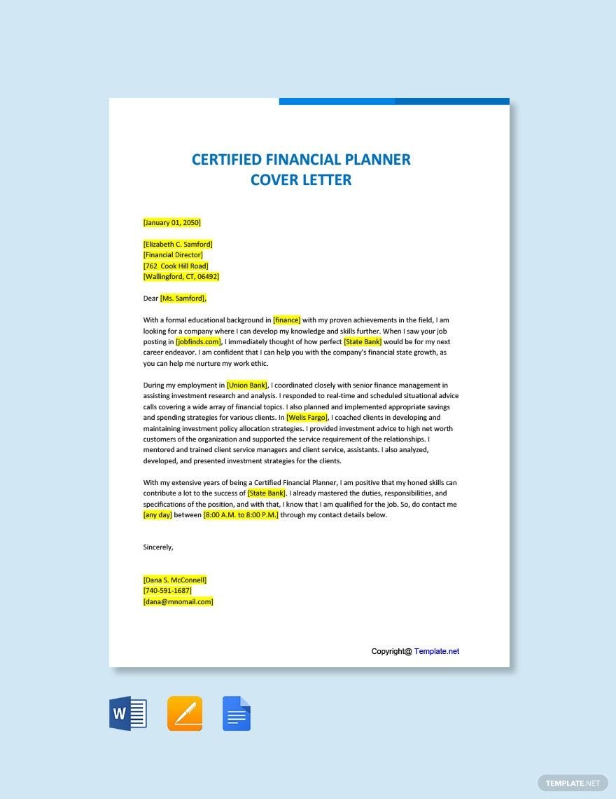 Certified Financial Planner Cover Letter