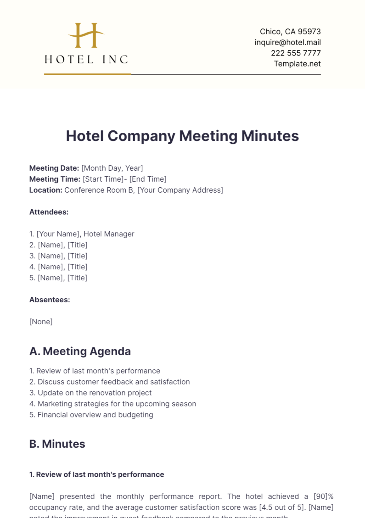 Hotel Company Meeting Minutes Template - Edit Online & Download